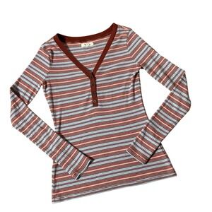 Madewell Striped Ribbed Henley Top Women S Blue Pink Long Sleeve V-Neck MB172
